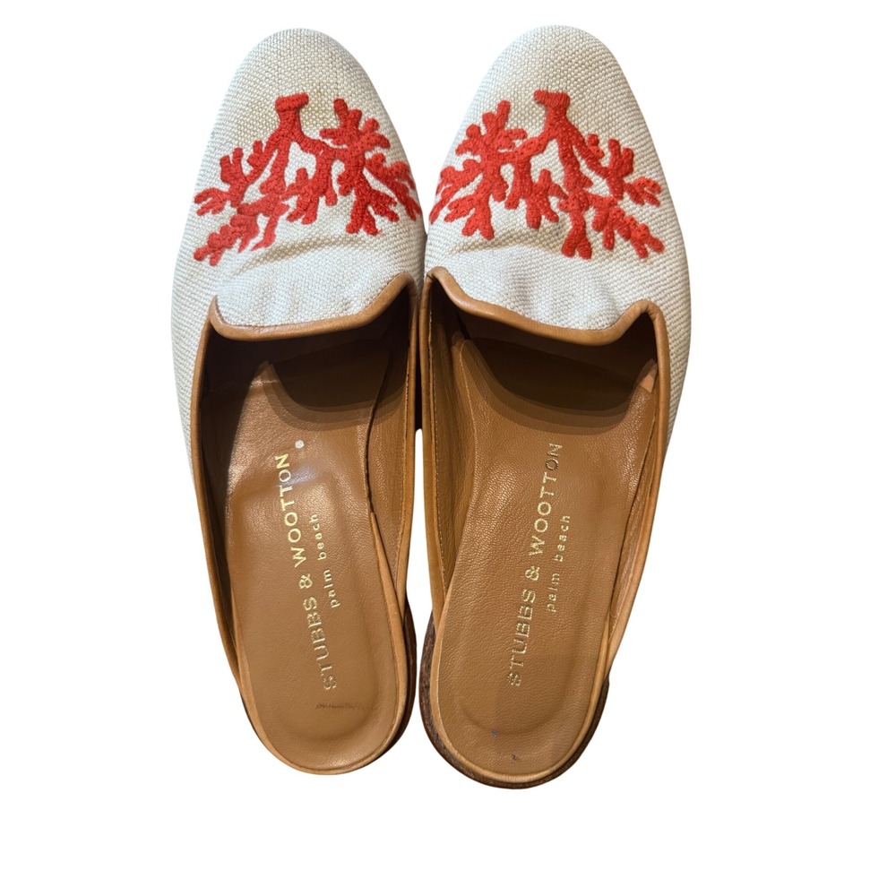Stubbs & Wootton Palm Beach Red Coral Embroidered Linen Mules Cream Tan Trim